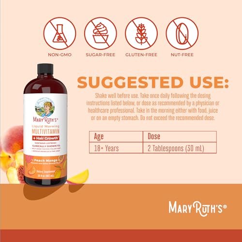 MaryRuth's Liquid Multivitamin + Lustriva® Hair Growth | Biotin 10000mcg | Vitamin D | B Vitamins | Clinically Tested for Thicker Hair, Wrinkles, Fine Lines, Skin Care | Ages 18+ | 30 Fl Oz