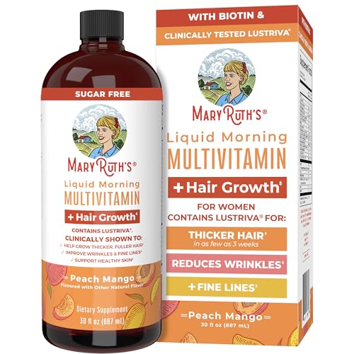 MaryRuth's Liquid Multivitamin + Lustriva® Hair Growth | Biotin 10000mcg | Vitamin D | B Vitamins | Clinically Tested for Thicker Hair, Wrinkles, Fine Lines, Skin Care | Ages 18+ | 30 Fl Oz