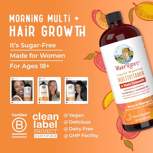 MaryRuth's Liquid Multivitamin + Lustriva® Hair Growth | Biotin 10000mcg | Vitamin D | B Vitamins | Clinically Tested for Thicker Hair, Wrinkles, Fine Lines, Skin Care | Ages 18+ | 30 Fl Oz